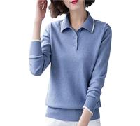 Ownwfeat Turn Down Collar Sweater Damen Strickpullover Kurze Strickoberteile, blau, L