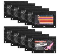 Oxford Cloth Pencil Pouches with Clear Panel, 10 Black 3-Loch Bags for Binder Use, Zip Closure Storage for Office Or Class