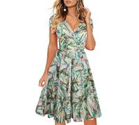 oxiuly Damen Casual Kleider Criss-Cross V-Ausschnitt Floral Flare Midi Sommerkleid OX233, Hellgrün, Mittel