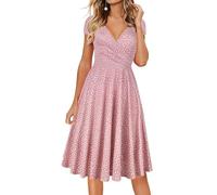 oxiuly Damen Casual Kleider Criss-Cross V-Ausschnitt Floral Flare Midi Sommerkleid OX233, pink mit Punkten, Mittel