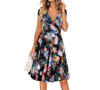 oxiuly Damen Casual Kleider Criss-Cross V-Ausschnitt Floral Flare Midi Sommerkleid OX233, Schwarz, Mittel
