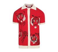 OXKNIT Herren Gestricktes Vintage Poloshirt 1960er Mod Style V-Ausschnitt Retro Polo Tiermuster Hemd mit Knopf Rot, Rot/Ausflug, einfarbig (Getaway Solids), Mittel
