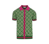 OXKNIT Herren Poloshirt Grün Kurzarm Hemd Button Down Regular Fit Strickjacke Shirt mit Raute Jacquard im 60‘s Vintage-Stil