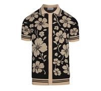 OXKNIT Herren Poloshirt Schwarz Vintage Jacquard Strickjacke mit Blumenmuster Sommer Freizeithemden im Vintage-Stil