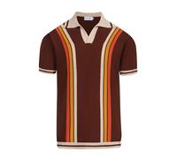 OXKNIT Herren Retor Polo Gestreiftes Braunes V-Ausschnitt Gestricktes Hemd 1960er Mod-Stil Vintage Kragen T-Shirt, Braun, L