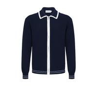 OXKNIT Herren Retro Dunkelblau Strickjacke Pullover für Männer, Casual Strick Langarm Poloshirt, Reverskragen-Stil mit Reißverschluss
