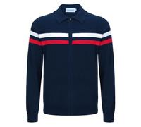 OXKNIT Herren Retro Strickjacke Pullover für Männer, Casual Strick Dunkelblau Langarm Poloshirt, Reverskragen-Stil mit Reißverschluss