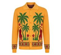 OXKnit Herren Strickjacke Baumwolle aus Jacquard-Stoff mit Tiger-Motiv in Gelb im Vintage-Stil Regular Fit Poloshirt Langarm mit Knopfleiste