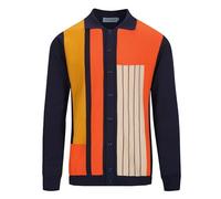 OXKNIT Herren Strickjacke Langarm 1960er Retro Style Dunkelblau Poloshirt mit Jacquard Freizeit Button-down Stricken Polohemd