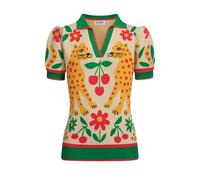 OXKNIT Poloshirt Damen Grün Vintage Tier Blumen Jacquard Strick Polohemd mit V-Ausschnitt und Puff Ärmel