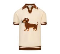 OXKnit Poloshirt Herren Baumwolle Casual Sommer Golf Polo Shirt Regular Fit Urlaub Polohemd Retro Strick-Polo mit Dackel- und Gänseblümchen-Intarsien V-Ausschnitt Sport Basic Slim Fit Tshirt