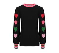 OXKNIT Pullover Damen mit Rundhals und Puff-Ärmel, Schwarz Strickpullover Elegant Sweatershirt mit Love Jacuqard