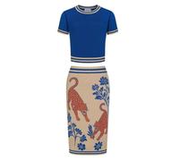 OXKnitstore OXKnit Zweiteiliges Strickset Damen - Gestricktes Kurzarm-Crop-Top und Figurbetonter Midi-Rock mit Leoparden- & Blumenprint, Elegantes 2-teiliges Outfit für Büro & Party
