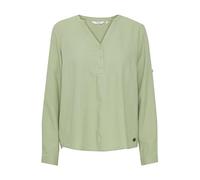 OXMO OXANJA Damen Bluse aus Leinenmix Shirt Langarm klassisch mit V-Ausschnitt und Knöpfen Regular Fit und Knöpfbare Ärmel, Größe:42, Farbe:Seagrass (166008)