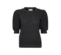 OXMO OXMicha Pullover Damen T-Shirt Kurzarm Shirt O-Neck halblange Ärmel Kurzarm Rippbündchen Struktur-Strick mit Holz-Detail, Größe:M, Farbe:Black (194007)