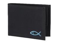 Oxmox Geldbörse Herren klein/Portemonnaie Damen klein | Wallet mit RFID Schutz | New Cryptan (Vegan) | Pocketbörse Querformat | schwarz | Freedom Fish Print Cyan