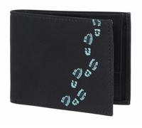 Oxmox Geldbörse Herren klein/Portemonnaie Damen klein | Wallet mit RFID Schutz | New Cryptan (Vegan) | Pocketbörse Querformat | schwarz | Footsteps Print Cyan
