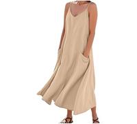 Oxxggkao Kleider für Damen, Frühlings Leinen Maxikleid, ärmellos, Rundhalsausschnitt, Outfits, Kleidung, Maxikleid mit Blumendruck, ärmellos, Rundhalsausschnitt