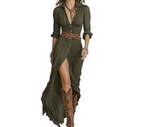 Oxxggkao Langärmliges, plissiertes Maxikleid mit Revers und für Damen, Button Down Hemd, fließende Western Cowgirl Kleider, langärmeliges Damen Maxikleid mit Knopfleiste vorne