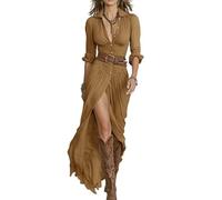 Oxxggkao Langärmliges, plissiertes Maxikleid mit Revers und für Damen, Button Down Hemd, fließende Western Cowgirl Kleider, langärmeliges Damen Maxikleid mit Knopfleiste vorne