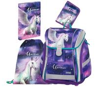 OXY BAG PREMIUM LIGHT Schulranzen Set 4 tlg Unicorn für 1.-3. Klasse | Sportbeutel, A4 Box & Federmappe Ergonomischer, Leicht & Sicher mit Reflektoren Perfekt Organisiert für Schulkinder