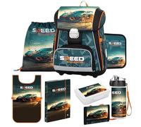 OXY BAG Schulranzen 8 Teilig Auto Ergonomischer Schulrucksack Set Sportbeutel Federmappe Kunstponcho Trinkflasche Snackbox Leicht Schulset Jungen Mädchen Schultasche für 1. - 3. Klasse Back to School