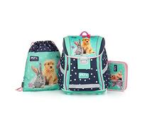 OXY BAG Schulranzen PREMIUM LIGHT 3er-Set, Blau | Ultraleichter Tagesrucksack mit Haustiere-Motiv | Federtasche & Hausschuhsack, 27L | Reflektierende Elemente, Atmungsaktiv, für Schulkinder