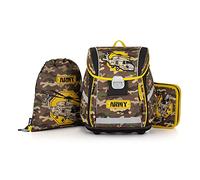 OXY BAG Schulranzen PREMIUM LIGHT 3er-Set, Blau | Ultraleichter Tagesrucksack mit Helikopter-Motiv | Federtasche & Hausschuhsack, 27L | Reflektierende Elemente, Atmungsaktiv, für Schulkinder