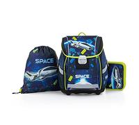 OXY BAG Schulranzen PREMIUM LIGHT 3er-Set, Blau | Ultraleichter Tagesrucksack mit Raumfahrzeug-Motiv | Federtasche & Hausschuhsack, 27L | Reflektierende Elemente, Atmungsaktiv, für Schulkinder