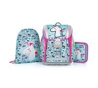 OXY BAG Schulranzen PREMIUM LIGHT 3er-Set, Silber | Ultraleichter Tagesrucksack mit Unicorn-Motiv | Federtasche & Hausschuhsack, 27L | Reflektierende Elemente, Atmungsaktiv, für Schulkinder