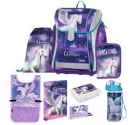 OXY BAG Schulranzen Set 8 TLG Unicorn Ergonomische Set Sportbeutel Federmappe Kunstponcho Trinkflasche Snackbox Schulset mädchen für 1. - 3. Klasse Back to School
