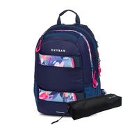 OXY BAG Schulrucksack Set für Schüler ab 9 Jahren - OXY SPORT 24L leicht ergonomisch mit Laptopfach - inkl. Federmäppchen gratis - Blumen Blau