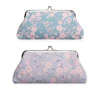 Oyachic 2 Stück Kiss Lock Münzbeutel Floral Coin Purses Portemonnaie Canvas Taschen Retro Blumen Geldbeutel Kleingeldbörse für Mädchen Damen (Grau +Azur)