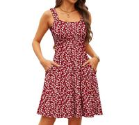 Oyamiki Hohe Taille Kleider Eckiger Ausschnitt Leichte Sommerkleider Ärmellos Kleid A Linie Damen Sommer Blumenkleid Rot XL