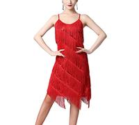 Oyolan Damen Latein Kleid Glitzer Frasen Quasten Flapper Kleider mit Verstellbaren Spaghettiträgern Rumba Cha Cha Tango Tanzkleid Rot M