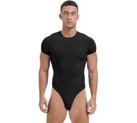 Oyolan Herren Kurzarm Shirt Body Männer Einteiler Stringbody High Cut Jumpsuit Unterhemd Unterwäsche mit Druckknöpfe im Schritt Schwarz XXL