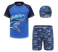 Oyolan Jungen Bademode Kinder Sommer Badeanzug Cartoon Schwimmbekleidung Badebekleidung Badeset Kurz Tops Badehose mit Sonnenhut Hai Druck 128-134