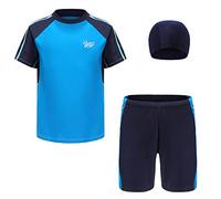 Oyolan Jungen Bademode Kinder Sommer Badeanzug Cartoon Schwimmbekleidung Badebekleidung Badeset Kurz Tops Badehose mit Sonnenhut Blau 128-134