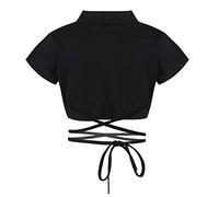 Oyolan Mädchen Crop Top Kurzarm T-Shirt bauchfrei Oberteile Bluse Sport Tops Kinder Jazz Dance Sport Tanzkleidung Schwarz 134-140