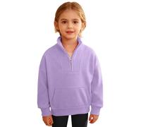Oyolan Mädchen Fleece Sweatshirt mit Reißverschluss Rollkragen Einfarbig Pullover Langarmshirt Oberteil mit Tasche Lässige Casual Sport Tops Kinder Violett 134-140