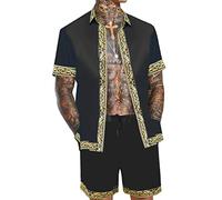 OYOZONE Herren Hawaii-Hemd und kurzes Set 2-teilige Outfits Luxus gedruckt lässig Button Down Kurzarm Satin Hemd Anzüge, Schwarz, X-Large