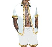 OYOZONE Herren Hawaii-Hemd und kurzes Set 2-teilige Outfits Luxus gedruckt lässig Button Down Kurzarm Satin Hemd Anzüge, Weiss/opulenter Garten, XX-Large