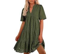 Oyuchga Blusenkleid Damen Basic Einfarbig Sommerkleid Elegant Knielang Mit Ösen Lässige V Ausschnitt Kurzarm Strandkleider Häkel Spitze Freizeitkleider Leicht Und Luftig Damenkleid(A Grün,M)