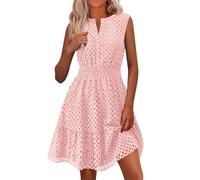 Oyuchga Blusenkleid Damen Basic Einfarbig Sommerkleid Elegant Knielang Mit Ösen Lässige V Ausschnitt Kurzarm Strandkleider Häkel Spitze Freizeitkleider Leicht Und Luftig Damenkleid(C Rosa,M)