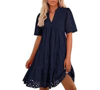 Oyuchga Blusenkleid Damen Basic Einfarbig Sommerkleid Elegant Knielang Mit Ösen Lässige V Ausschnitt Kurzarm Strandkleider Häkel Spitze Freizeitkleider Leicht Und Luftig Damenkleid(A Marineblau,XXL)