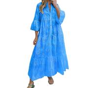 Oyuchga Lochstickerei Kleid Damen Große Größen 3/4 Ärmel Maxikleid Summer V Ausschnitt Aushöhlen Bestickt Strandkleider Basic Einfarbig Lange Blusenkleid Häkel Spitze Freizeitkleid(A Blau,3XL)