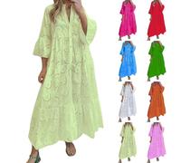 Oyuchga Lochstickerei Kleid Damen Große Größen 3/4 Ärmel Maxikleid Summer V Ausschnitt Aushöhlen Bestickt Strandkleider Basic Einfarbig Lange Blusenkleid Häkel Spitze Freizeitkleid(A Gelb,3XL)