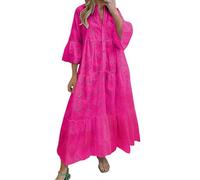 Oyuchga Lochstickerei Kleid Damen Große Größen 3/4 Ärmel Maxikleid Summer V Ausschnitt Aushöhlen Bestickt Strandkleider Basic Einfarbig Lange Blusenkleid Häkel Spitze Freizeitkleid(A Heißes Rosa,L)