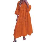 Oyuchga Lochstickerei Kleid Damen Große Größen 3/4 Ärmel Maxikleid Summer V Ausschnitt Aushöhlen Bestickt Strandkleider Basic Einfarbig Lange Blusenkleid Häkel Spitze Freizeitkleid(A Orange,5XL)