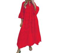 Oyuchga Lochstickerei Kleid Damen Große Größen 3/4 Ärmel Maxikleid Summer V Ausschnitt Aushöhlen Bestickt Strandkleider Basic Einfarbig Lange Blusenkleid Häkel Spitze Freizeitkleid(A Rot,5XL)